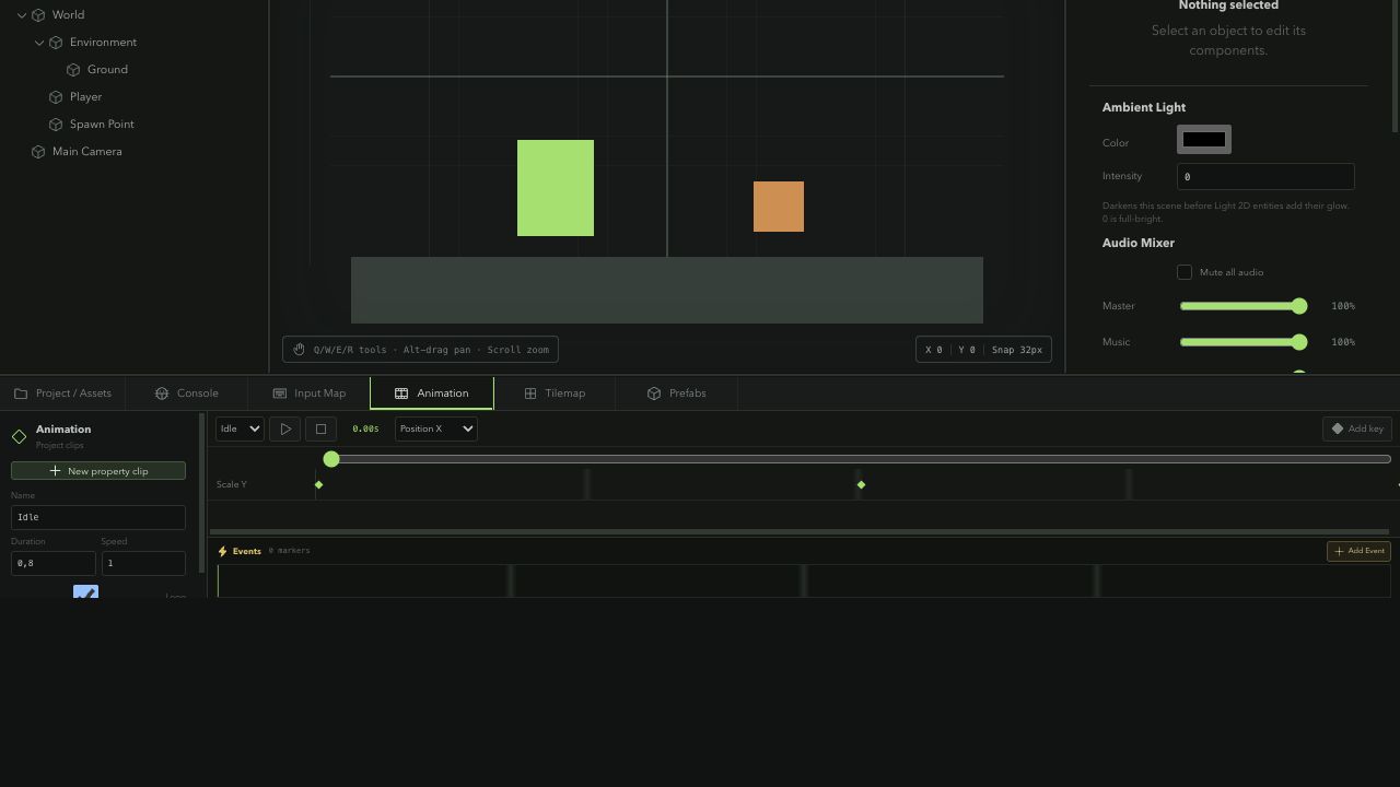 Kriya Animation panel editing the Idle clip timeline and property keys