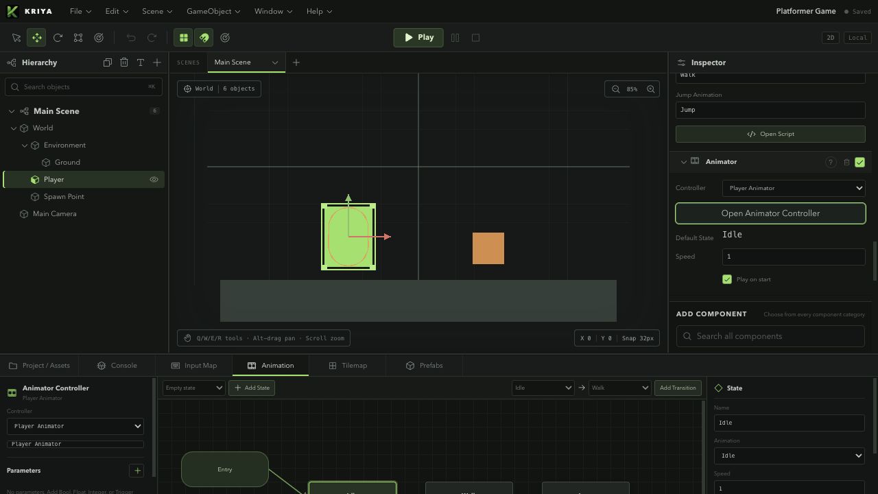 Kriya Animator Controller showing animation states and transitions