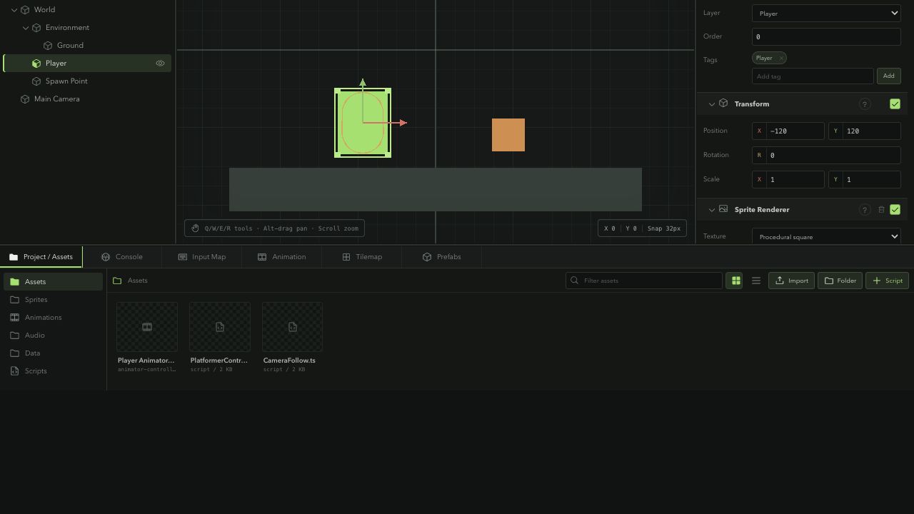 Kriya Project and Assets panel showing animator controller and TypeScript assets