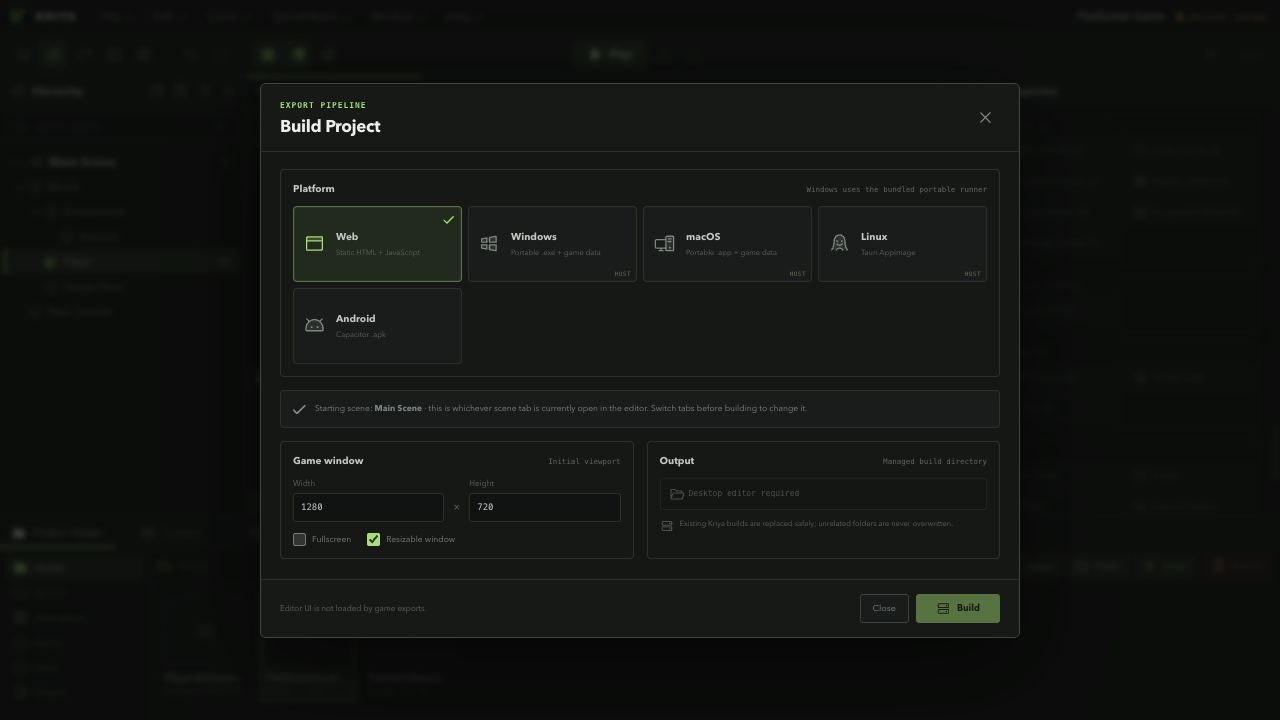 Kriya Build Project window with Web, Windows, macOS, Linux, and Android targets