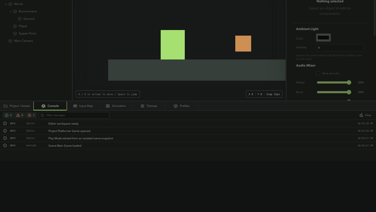 Kriya Play Mode running a platformer with the Console panel open