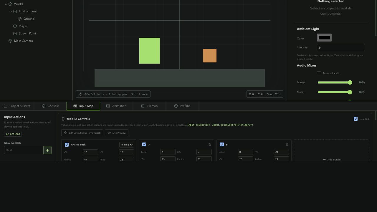 Kriya Input Map showing desktop action bindings and mobile touch controls