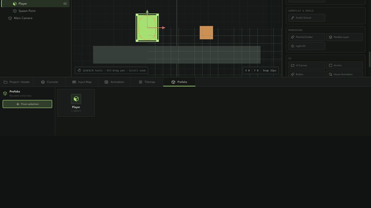 Kriya Prefabs panel showing a reusable Player entity tree