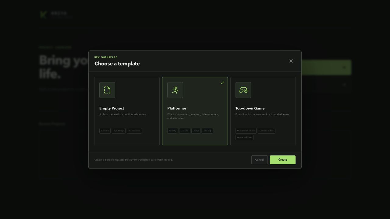 Kriya template chooser with Empty Project, Platformer, and Top-down Game templates