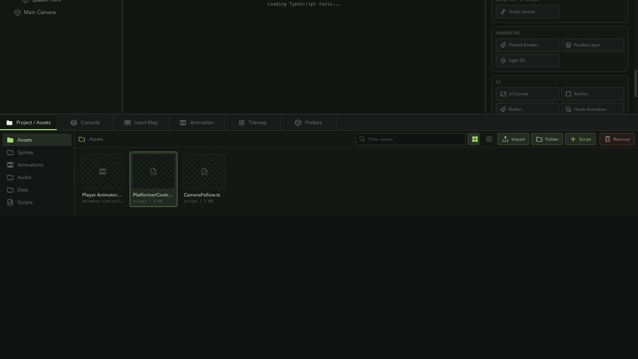 Kriya TypeScript editor showing a platformer controller, Problems panel, and entity Inspector