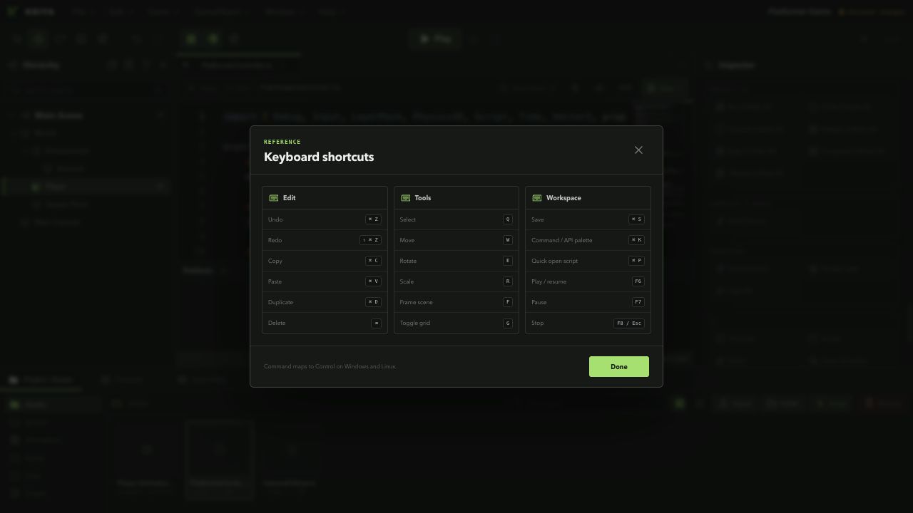 Kriya Keyboard Shortcuts reference for editing, tools, and workspace commands