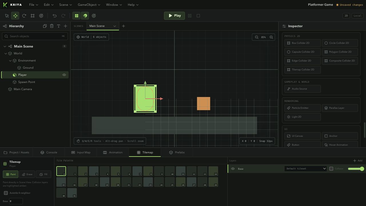 Kriya Tilemap panel showing paint tools, a tile palette, and layer controls