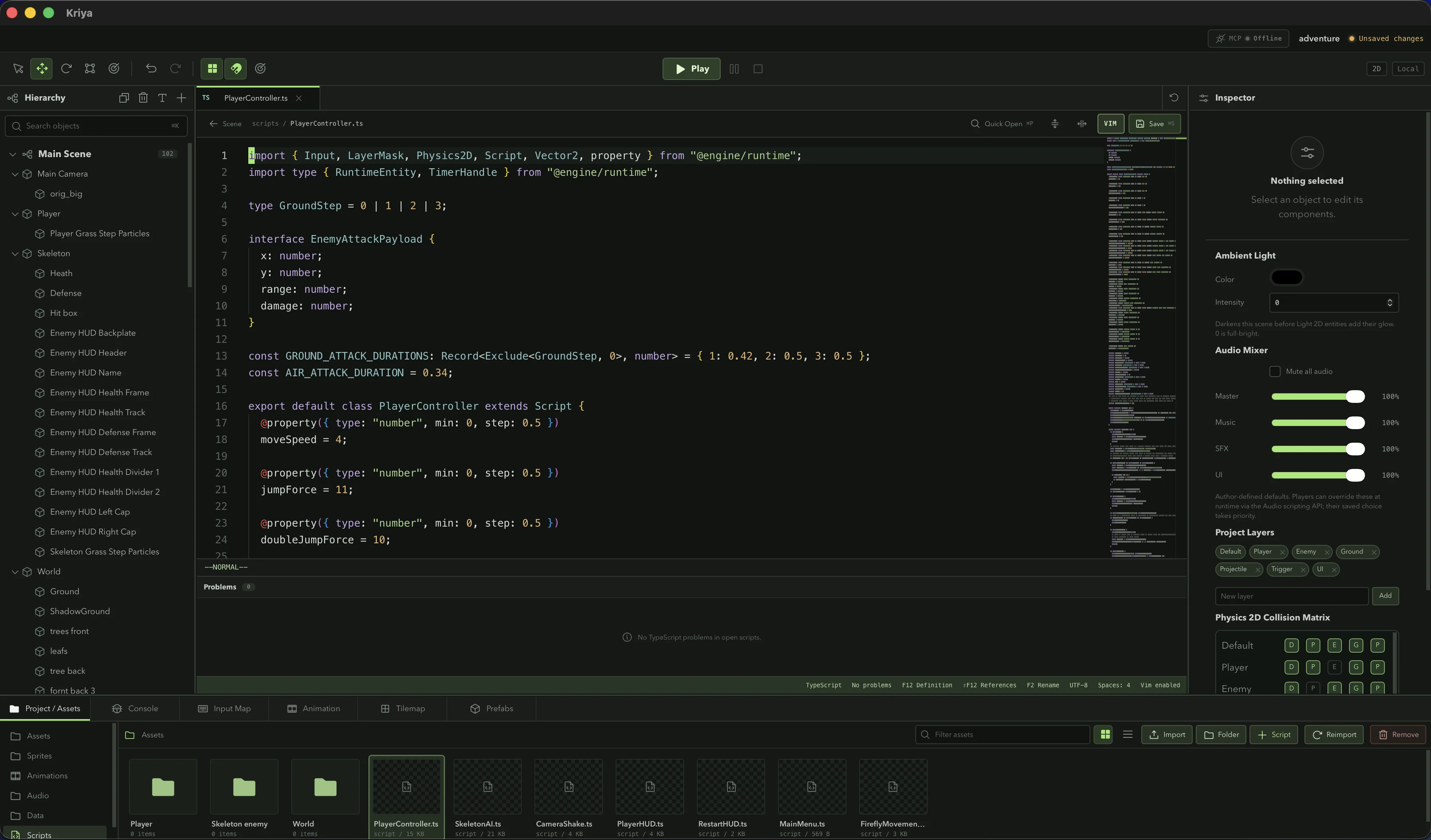 Kriya code editor showing a TypeScript player controller