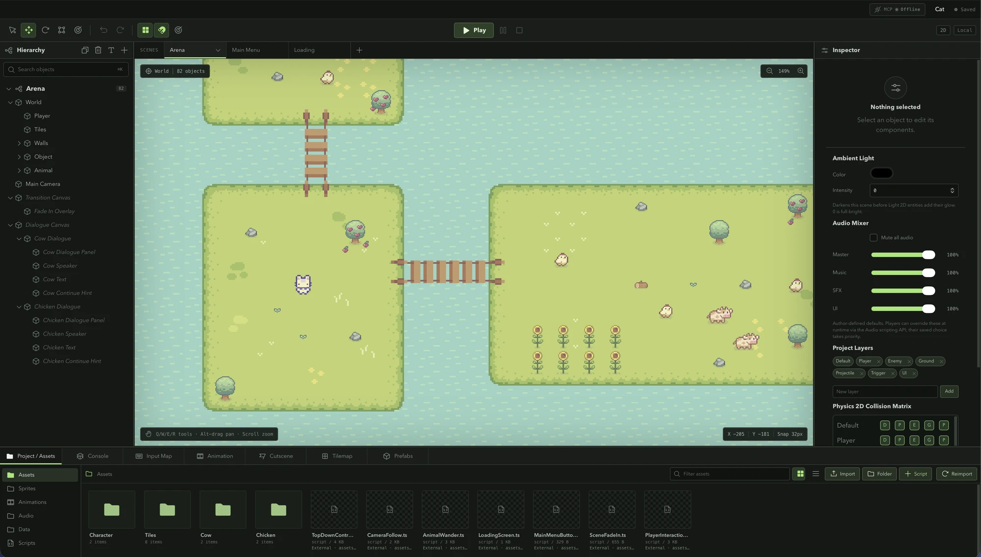Kriya editor showing the Arena scene in the Cat's Meadow project with the Inspector, Hierarchy, and Assets panels open