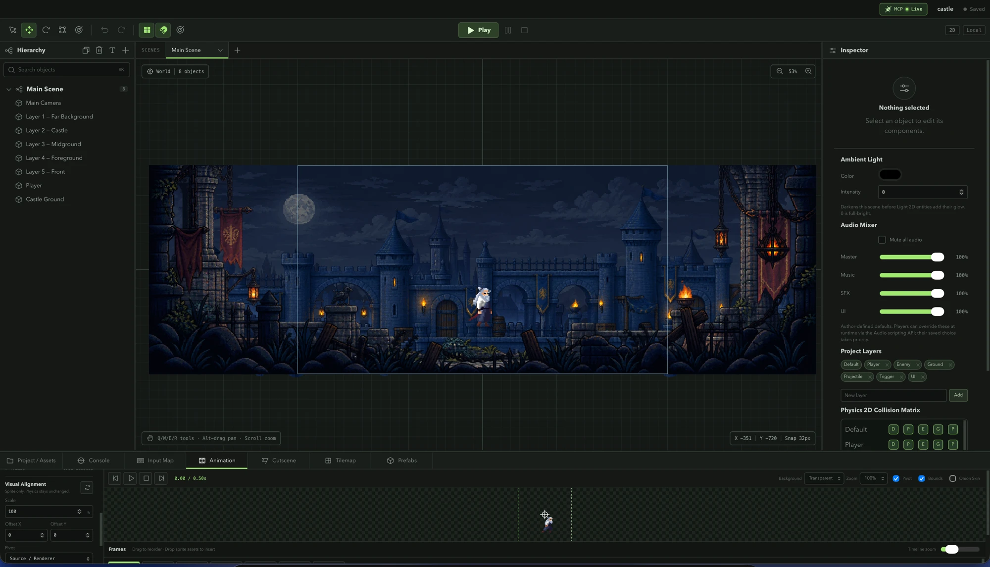 Kriya editor showing the Castle scene with the Animation panel's new Visual Alignment controls