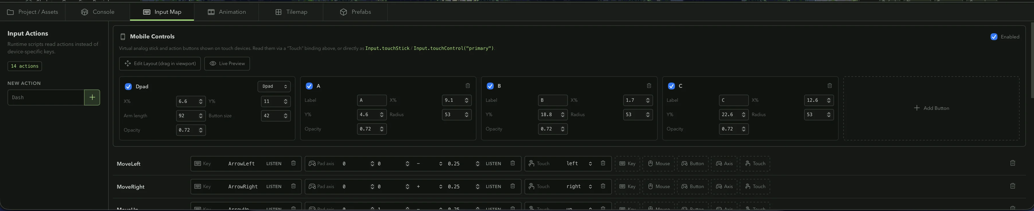 Kriya Input Map with keyboard actions and mobile D-pad controls