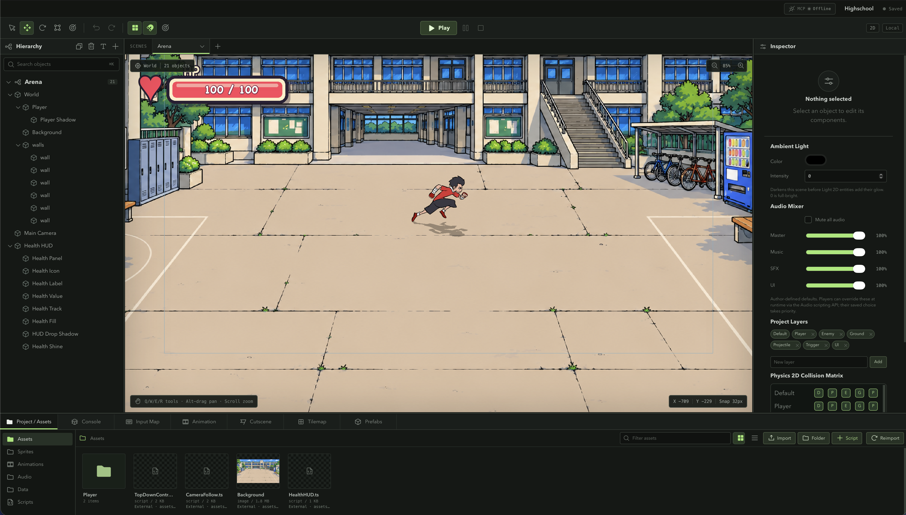 Kriya editor showing the Highschool project with a running character in a school courtyard, a health HUD, hierarchy, and Inspector