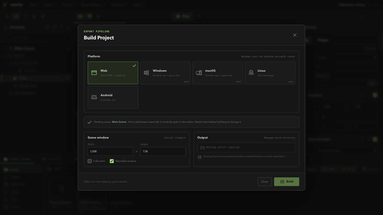Kriya Build Project window showing Web, Windows, macOS, Linux, and Android export targets