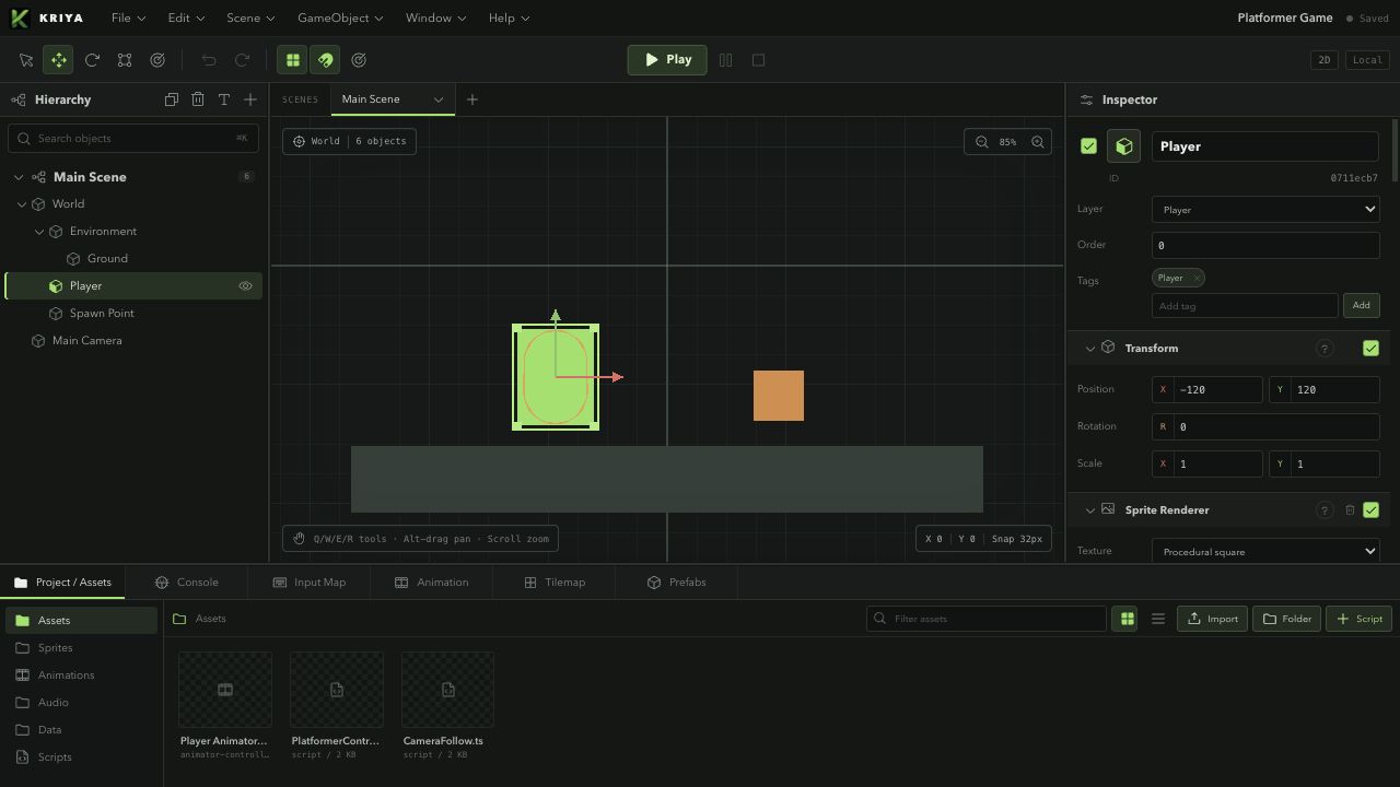 Kriya Scene view with Hierarchy, a selected player entity, and its Inspector components